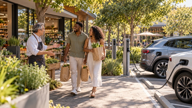 A neighborhood shop owner greeting customers while two electric vehicles charge in the adjacent parking bays on a sunny day.