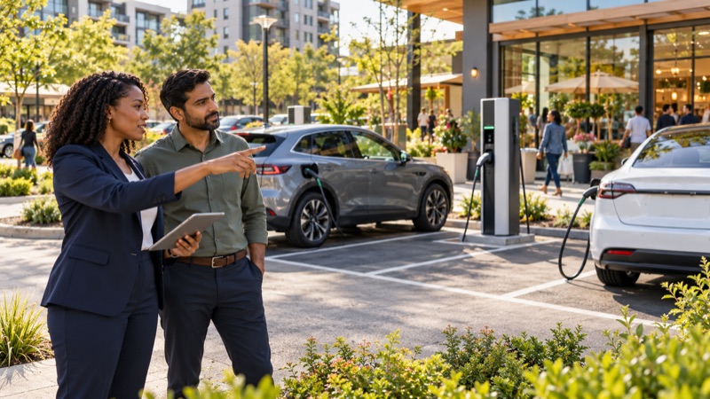 Two charging-site operators discussing their parking bays, with electric vehicles plugged in beside a neighborhood retail plaza.