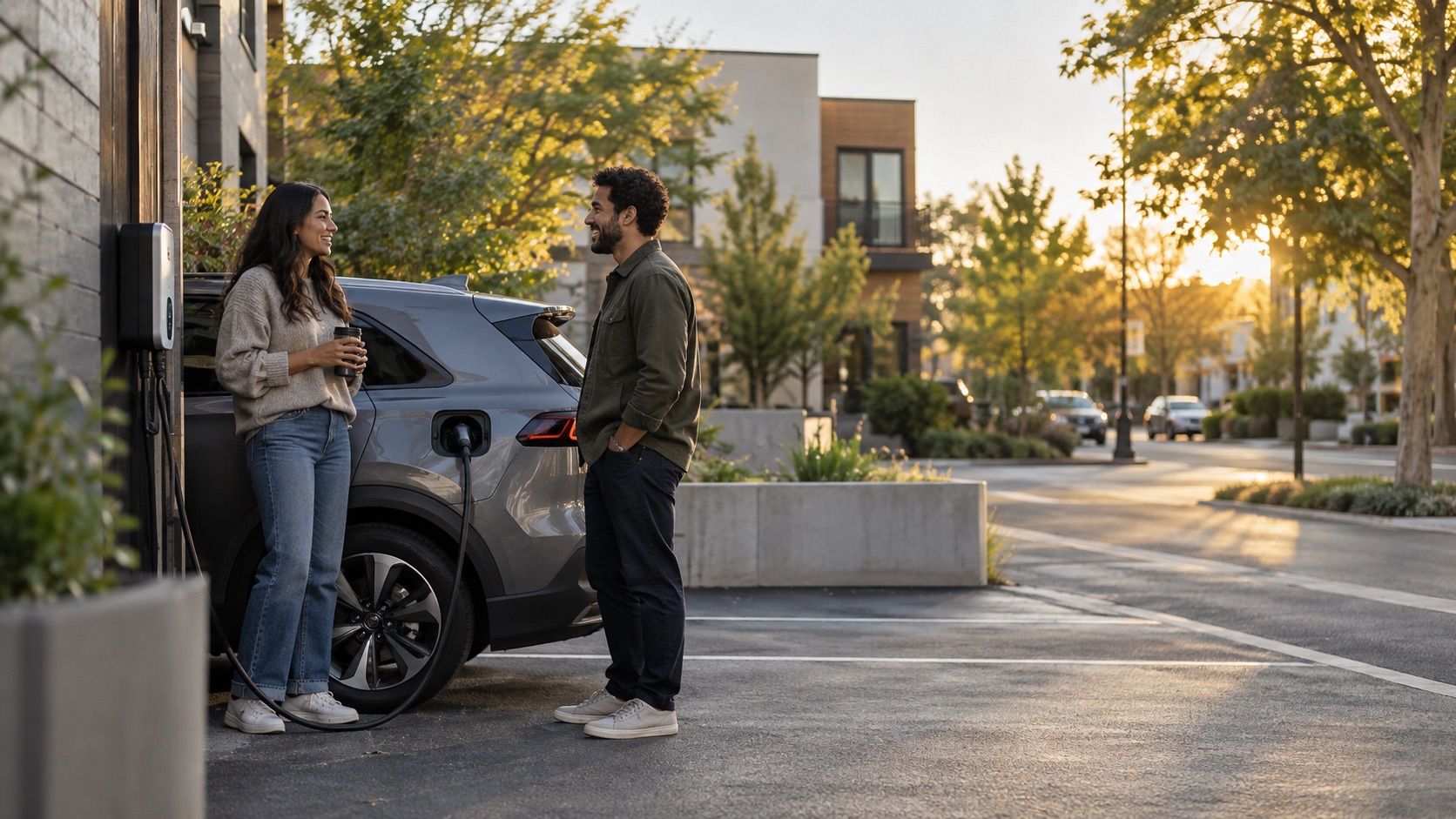 An EV driver and a local host talk beside a plugged-in car in a neighborhood parking area.